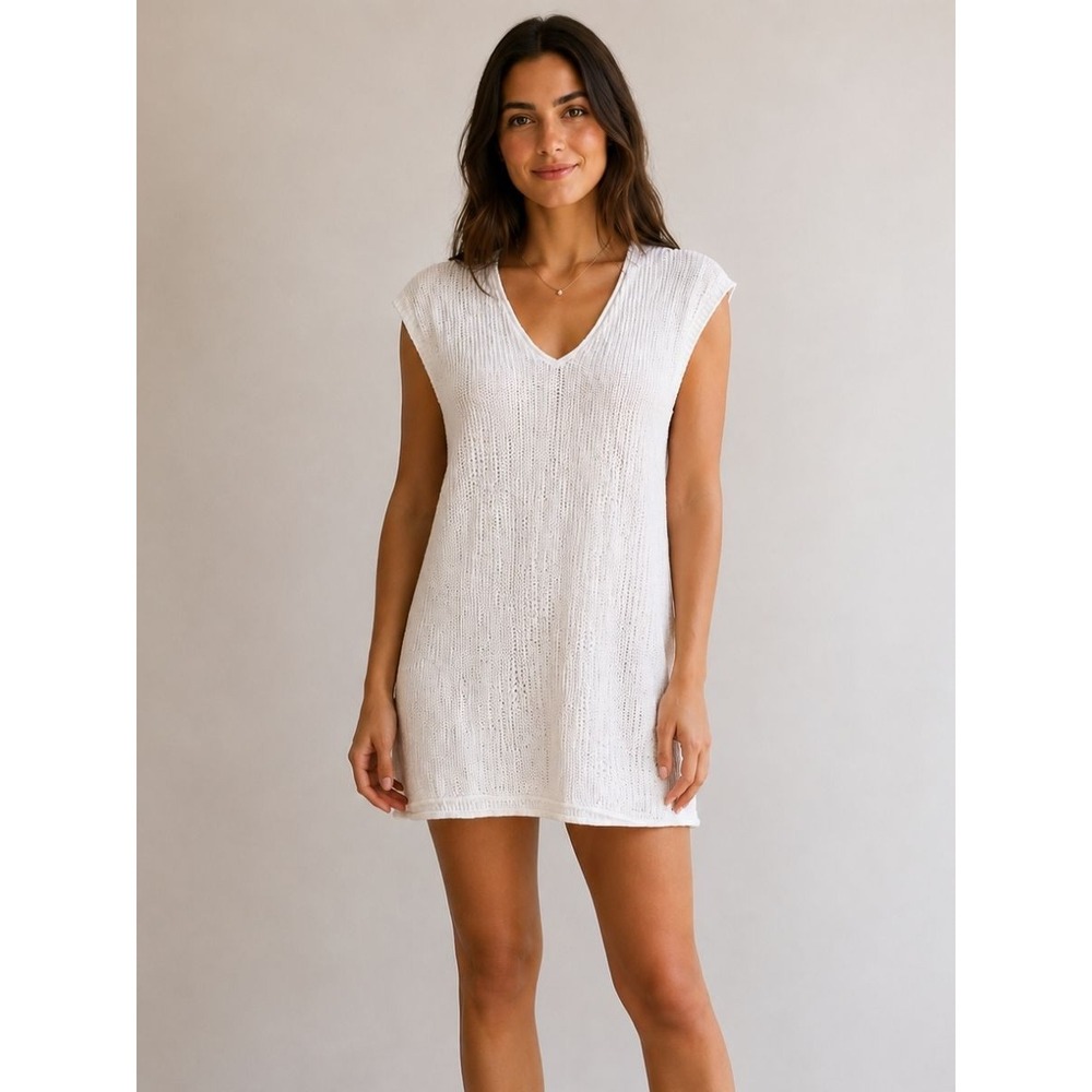 Onia 100% Linen White Ivory Knit V-Neck Mini Dress Size XS